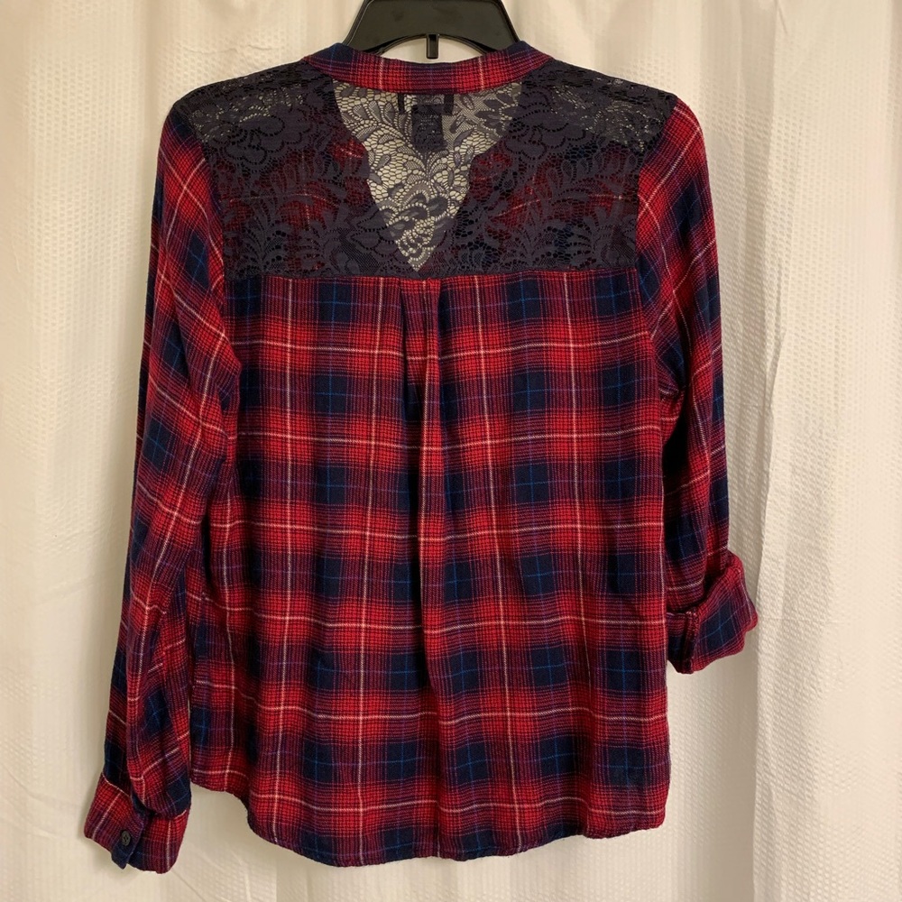 Deb - Lace Back Long Sleeve Plaid Shirt